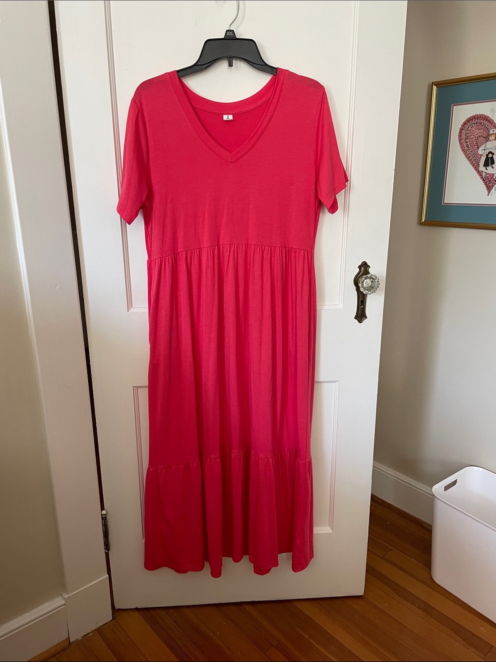 Relaxed V-Neck Hot Pink Short Sleeve Maxi Dress